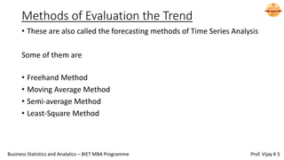 Methods of Evaluation the Trend
• These are also called the forecasting methods of Time Series Analysis
Some of them are
• Freehand Method
• Moving Average Method
• Semi-average Method
• Least-Square Method
Business Statistics and Analytics – BIET MBA Programme Prof. Vijay K S
 