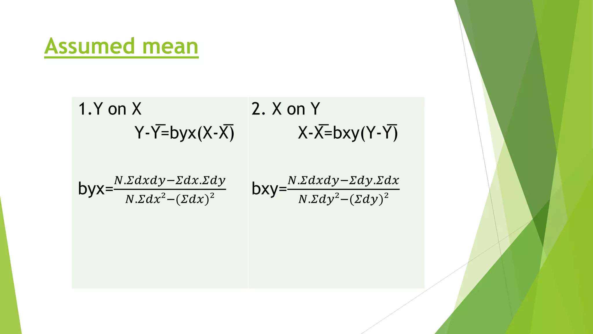 Assumed mean
1.Y on X
Y-Y̅=byx(X-X̅)
byx=
𝑁.𝛴𝑑𝑥𝑑𝑦−𝛴𝑑𝑥.𝛴𝑑𝑦
𝑁.𝛴𝑑𝑥²−(𝛴𝑑𝑥)²
2. X on Y
X-X̅=bxy(Y-Y̅)
bxy=
𝑁.𝛴𝑑𝑥𝑑𝑦−𝛴𝑑𝑦.𝛴𝑑𝑥
𝑁.𝛴𝑑𝑦²−(𝛴𝑑𝑦)²
 