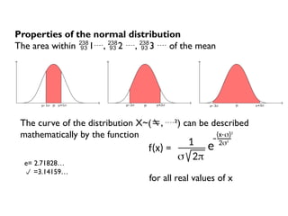 Properties of the normal distribution
The area within 1, 2 , 3  of the mean
The curve of the distribution X~(, ²) can be described
mathematically by the function
f(x) =
s 2p
1 e 2s2
(x- )2
s
for all real values of x
e= 2.71828…
 =3.14159…
  
   
   

 