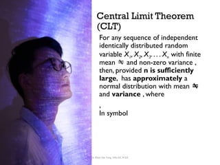 Dr. Khoe Yao Tung, MSc.Ed, M.Ed.
Central Limit Theorem
(CLT)
For any sequence of independent
identically distributed random
variable X1, X2, X3. . . . Xn with finite
mean  and non-zero variance ,
then, provided n is sufficiently
large, has approximately a
normal distribution with mean 
and variance , where
,
In symbol
 