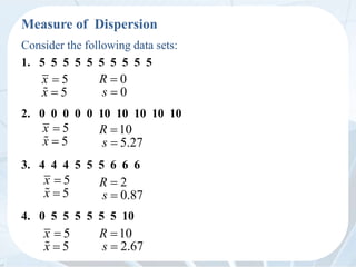 Measure of Dispersion
Consider the following data sets:
1. 5 5 5 5 5 5 5 5 5 5
2. 0 0 0 0 0 10 10 10 10 10
3. 4 4 4 5 5 5 6 6 6
4. 0 5 5 5 5 5 5 10
5
5
x
x


5
5
x
x


5
5
x
x


5
5
x
x


0
0
R
s


10
5.27
R
s


2
0.87
R
s


10
2.67
R
s


 