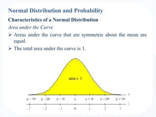 Normal Distribution and Probability
Characteristics of a Normal Distribution
Area under the Curve
 Areas under the curve that are symmetric about the mean are
equal.
 The total area under the curve is 1.
 