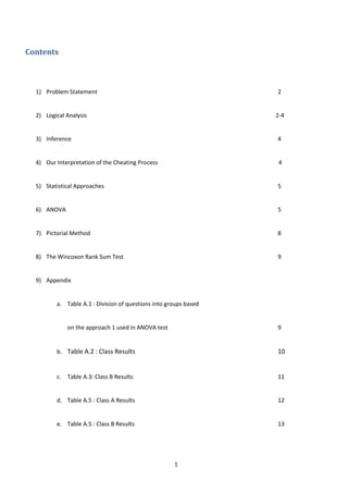 Contents



  1) Problem Statement                                            2


  2) Logical Analysis                                             2-4


  3) Inference                                                    4


  4) Our Interpretation of the Cheating Process                    4


  5) Statistical Approaches                                       5


  6) ANOVA                                                        5


  7) Pictorial Method                                             8


  8) The Wincoxon Rank Sum Test                                   9


  9) Appendix


         a. Table A.1 : Division of questions into groups based


             on the approach 1 used in ANOVA test                 9


         b. Table A.2 : Class Results                             10


         c. Table A.3: Class B Results                            11


         d. Table A.5 : Class A Results                           12


         e. Table A.5 : Class B Results                           13




                                                     1
 