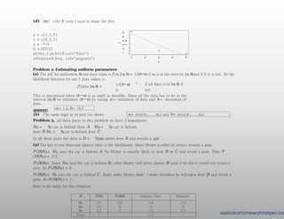 (d) Here’s the R code I used to make the plot
x = c( 1, 3, 5)
y = c( 8, 2, 1)
a = -7/4
b = 107/12
plot(x,y,pch=19,col="blue")
abline(a=b,b=a, col="magenta") 1 2 3
x
4 5
y
1
2
3
4
5
6
7
8
Problem 2. Estimating uniform parameters
(a) The pdf for uniform(a, b) one data value is f (xi | a,b) = 1/(b−a) if xi is in the interval [a,b]and 0 if it is not. So the
likelihood function for our 5 data values is
5
1/(b−a)
0
f (data |a,b) =
if all data is in [a,b] if
not
This is maximized when (b −a) is as small as possible. Since all the data has to be in the
interval [a,b] we minimize (b −a) by taking a = minimum of data and b = maximum of
a = 1.2, b= 10.5
data.
answer: .
(b) The same logic as in part (a) shows a = min(x1,...,xn) and b= max(x1,...,xn) .
Problem 3. all three parts to this problem we have 3 hypotheses:
HA = ‘the car is behind door A
’ HB = ‘the car is behind
door B
’
HC = ‘thecar is behind door C
’
.
In all three parts the data is D = ‘Monty opens door B and reveals a goat’.
(a) The key to our Bayesian update table is the likelihoods: Since Monty is sober he always reveals a goat.
P (D|HA): HA says the car is behind A. So Monty is equally likely to pick B or C and reveal a goat. Thus P
(D|HA) = 1/2.
P (D|HB): Since HB says the car is behind B, sober Monty will never choose B (and if he did it would not reveal a
car). So P (D|HB) = 0.
P (D|HC): Hc says the car is behind C. Since sober Monty doesn’t make mistakes he will open door B and reveal a
goat. So P (D|HC) = 1.
Here is the table for this situation.
H P(H) P(D|H) Unnorm. Post. Posterior
HA 1/3 1/2 1/6 1/3
HB 1/3 0 0 0
HC 1/3 1 1/3 2/3
Total: 1 – 1/2 1 statisticshomeworkhelper.com
 