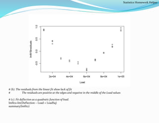 # (b). The residuals from the linear fit show lack of fit
# The residuals are positive at the edges and negative in the middle of the Load values
# (c). Fit deflection as a quadratic function of load.
lmfit2=lm(Deflection ~ Load + LoadSq)
summary(lmfit2)
Statistics Homework Helper
 