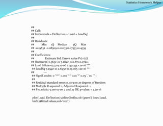 ##
## Call:
## lm(formula = Deflection ~ Load + LoadSq)
##
## Residuals:
## Min 1Q Median 3Q Max
## -0.19832 -0.08509 0.02033 0.07533 0.14339
##
## Coefficients:
## Estimate Std. Error t value Pr(>|t|)
## (Intercept) 1.363e-01 7.284e-02 1.871 0.0722 .
## Load 6.812e-03 3.042e-06 2239.355 <2e-16 ***
## LoadSq 7.294e-10 2.695e-11 27.065 <2e-16 ***
## ---
## Signif. codes: 0 '***' 0.001 '**' 0.01 '*' 0.05 '.' 0.1 ' ' 1
##
## Residual standard error: 0.1073 on 27 degrees of freedom
## Multiple R-squared: 1, Adjusted R-squared: 1
## F-statistic: 5.11e+07 on 2 and 27 DF, p-value: < 2.2e-16
plot(Load, Deflection) abline(lmfit1,col='green') lines(Load,
lmfit2$fitted.values,col="red")
Statistics Homework Helper
 