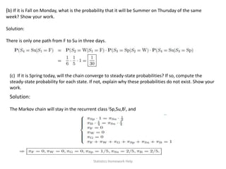(b) If it is Fall on Monday, what is the probability that it will be Summer on Thursday of the same
week? Show your work.
Solution:
There is only one path from F to Su in three days.
(c) If it is Spring today, will the chain converge to steady-state probabilities? If so, compute the
steady-state probability for each state. If not, explain why these probabilities do not exist. Show your
work.
Solution:
The Markov chain will stay in the recurrent class {Sp,Su,B}, and
Statistics Homework Help
 