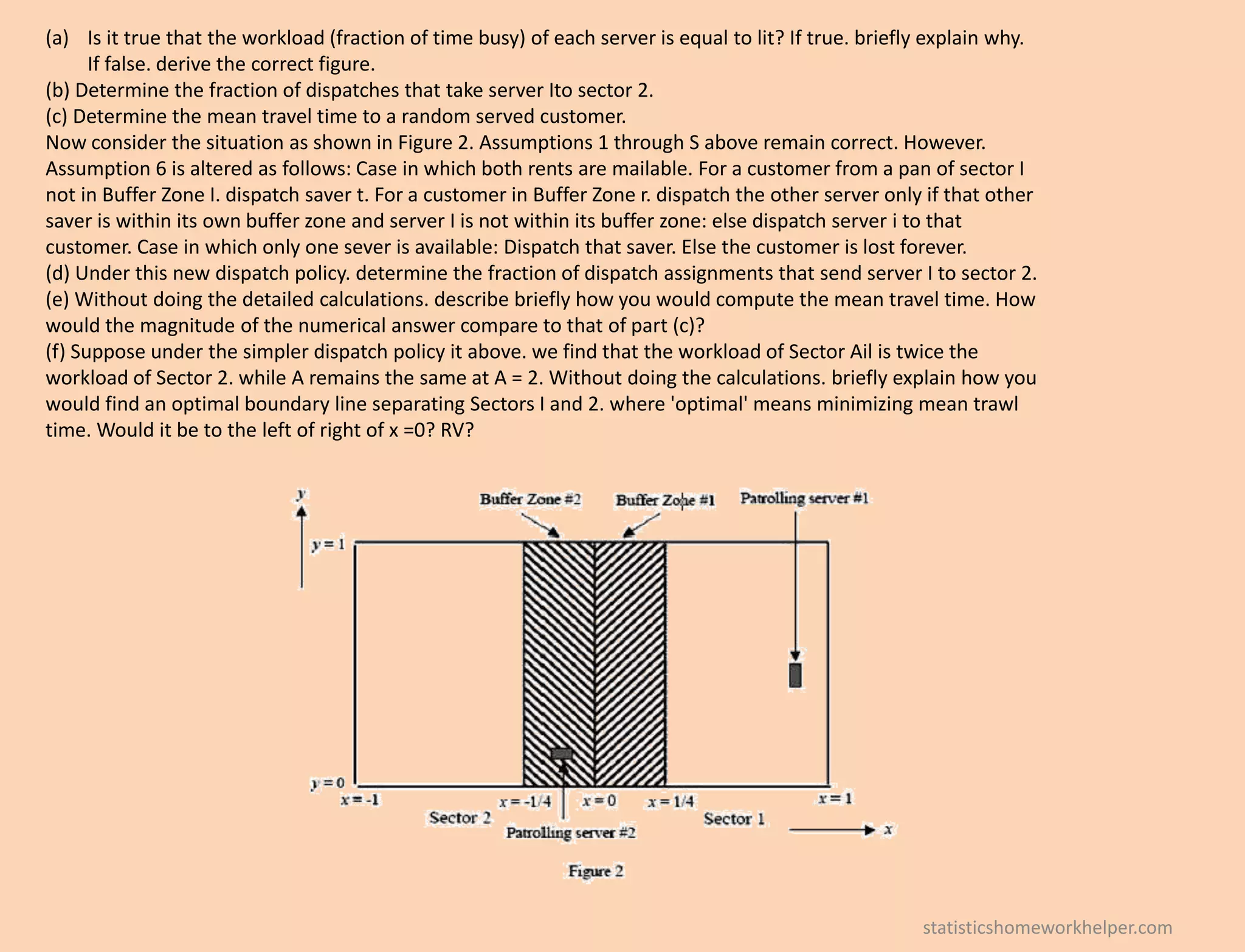 (a) Is it true that the workload (fraction of time busy) of each server is equal to lit? If true. briefly explain why.
If false. derive the correct figure.
(b) Determine the fraction of dispatches that take server Ito sector 2.
(c) Determine the mean travel time to a random served customer.
Now consider the situation as shown in Figure 2. Assumptions 1 through S above remain correct. However.
Assumption 6 is altered as follows: Case in which both rents are mailable. For a customer from a pan of sector I
not in Buffer Zone I. dispatch saver t. For a customer in Buffer Zone r. dispatch the other server only if that other
saver is within its own buffer zone and server I is not within its buffer zone: else dispatch server i to that
customer. Case in which only one sever is available: Dispatch that saver. Else the customer is lost forever.
(d) Under this new dispatch policy. determine the fraction of dispatch assignments that send server I to sector 2.
(e) Without doing the detailed calculations. describe briefly how you would compute the mean travel time. How
would the magnitude of the numerical answer compare to that of part (c)?
(f) Suppose under the simpler dispatch policy it above. we find that the workload of Sector Ail is twice the
workload of Sector 2. while A remains the same at A = 2. Without doing the calculations. briefly explain how you
would find an optimal boundary line separating Sectors I and 2. where 'optimal' means minimizing mean trawl
time. Would it be to the left of right of x =0? RV?
statisticshomeworkhelper.com
 