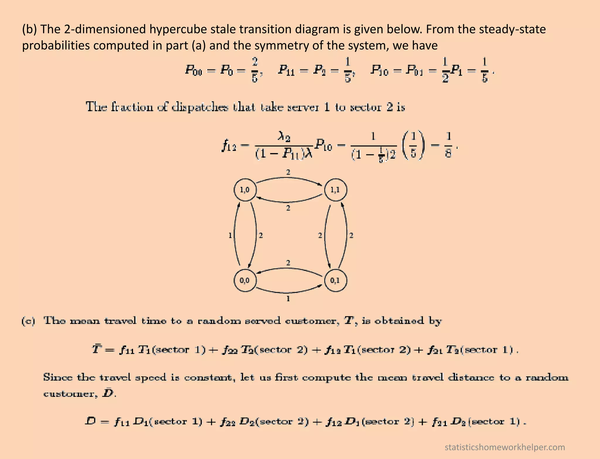 (b) The 2-dimensioned hypercube stale transition diagram is given below. From the steady-state
probabilities computed in part (a) and the symmetry of the system, we have
statisticshomeworkhelper.com
 