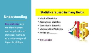 Understanding
Bio-statistics are
the development
and application of
statistical methods
to a wide range of
topics in biology
 