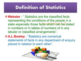 Suresh Babu G
Definition of Statistics
Webster : “ Statistics are the classified facts
representing the conditions of the people in a
state especially those facts which can be stated
in numbers or in tables of numbers of in any
tabular or classified arrangements”.
A.L.Bowley : “Statistics are numerical
statements of facts in any department of enquiry
placed in relation to each other”.
 