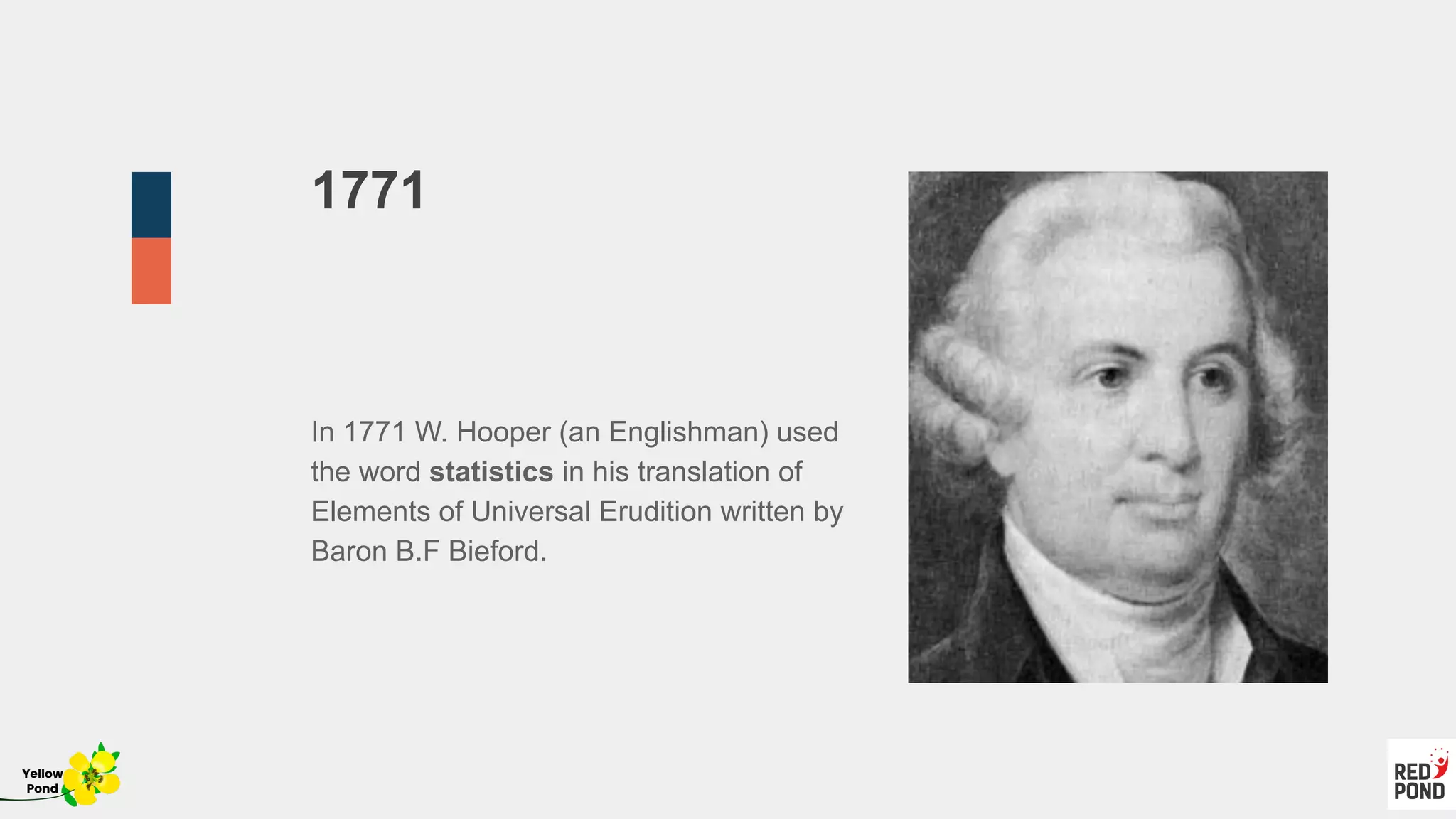1771
In 1771 W. Hooper (an Englishman) used
the word statistics in his translation of
Elements of Universal Erudition written by
Baron B.F Bieford.
Yellow
Pond
 