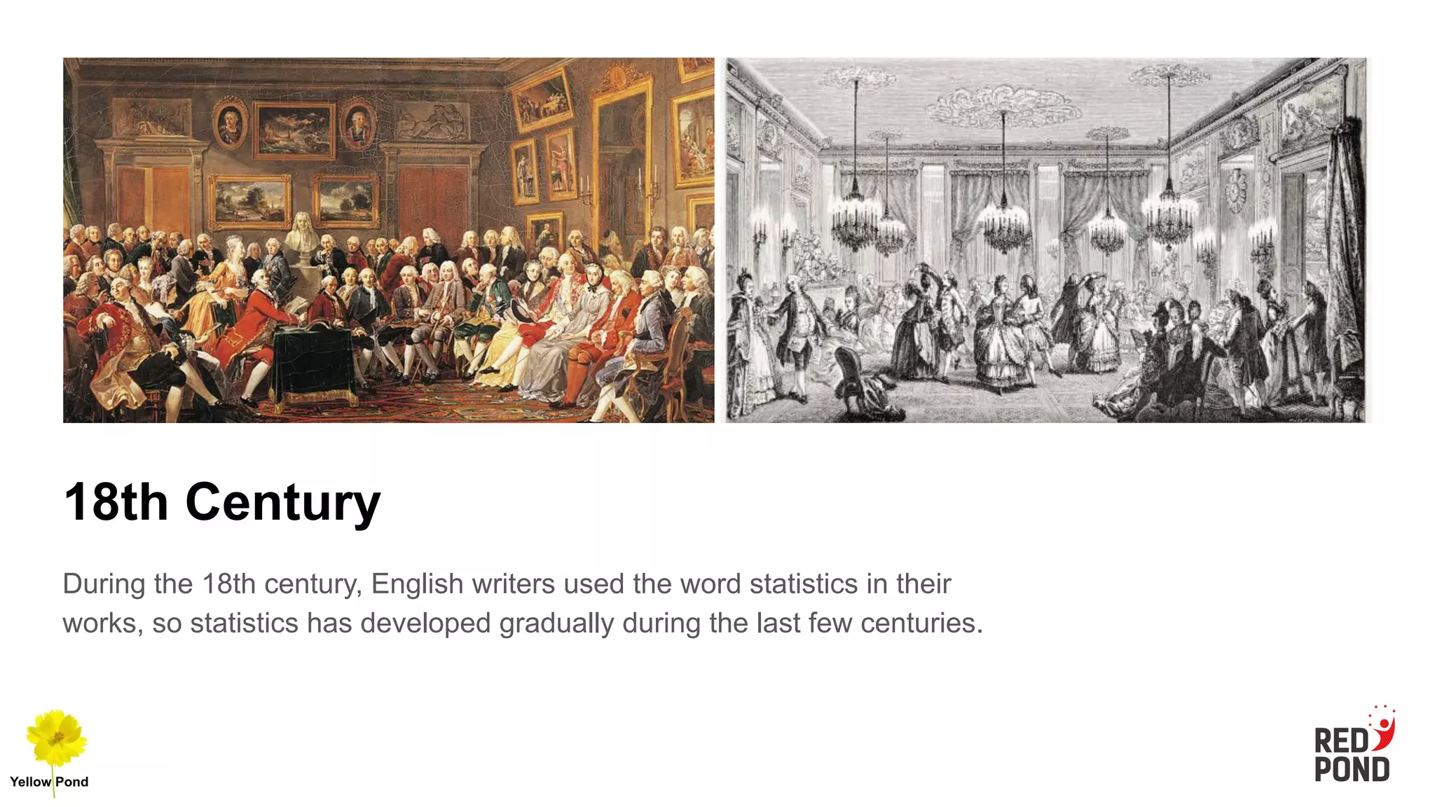 18th Century
During the 18th century, English writers used the word statistics in their
works, so statistics has developed gradually during the last few centuries.
 