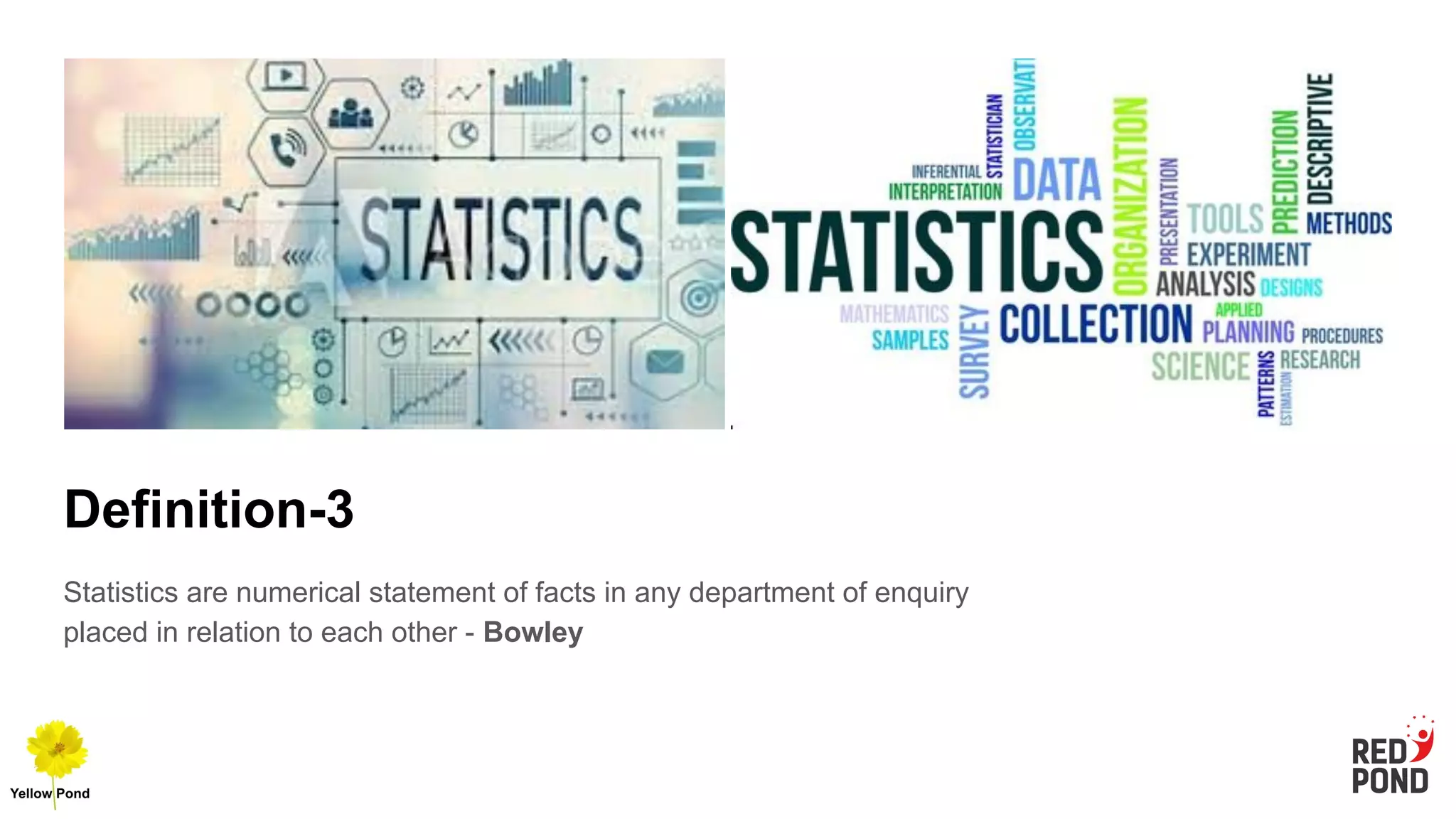 Definition-3
Statistics are numerical statement of facts in any department of enquiry
placed in relation to each other - Bowley
 