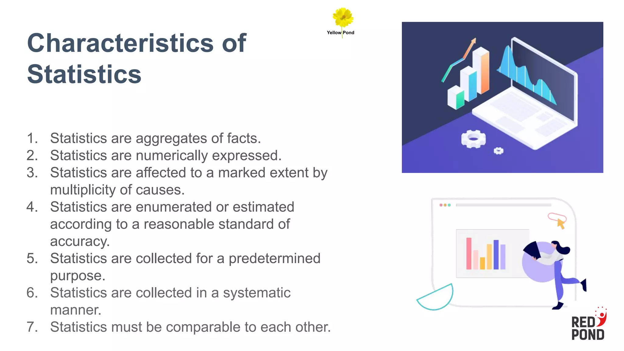 Characteristics of
Statistics
1. Statistics are aggregates of facts.
2. Statistics are numerically expressed.
3. Statistics are affected to a marked extent by
multiplicity of causes.
4. Statistics are enumerated or estimated
according to a reasonable standard of
accuracy.
5. Statistics are collected for a predetermined
purpose.
6. Statistics are collected in a systematic
manner.
7. Statistics must be comparable to each other.
 