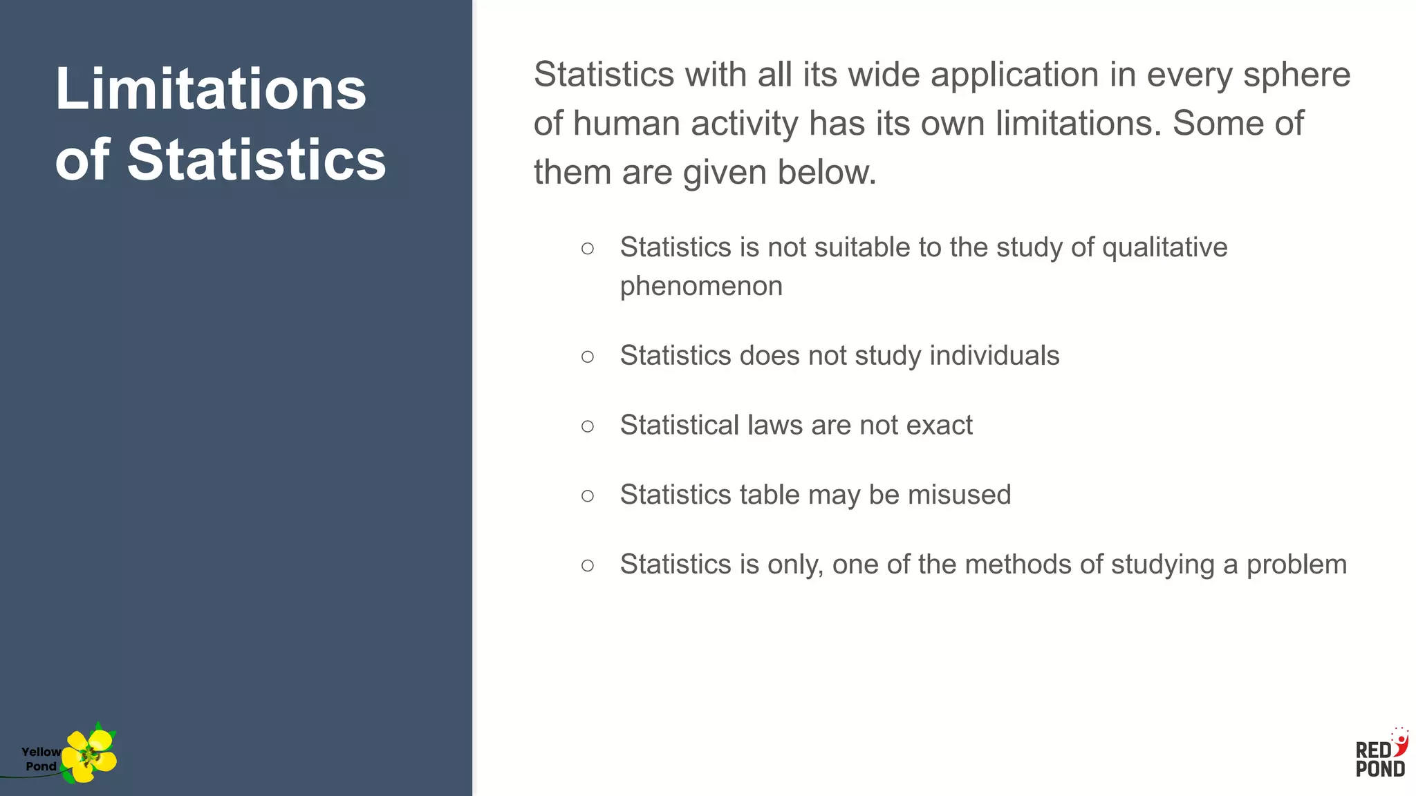 Limitations
of Statistics
Statistics with all its wide application in every sphere
of human activity has its own limitations. Some of
them are given below.
○ Statistics is not suitable to the study of qualitative
phenomenon
○ Statistics does not study individuals
○ Statistical laws are not exact
○ Statistics table may be misused
○ Statistics is only, one of the methods of studying a problem
Yellow
Pond
 