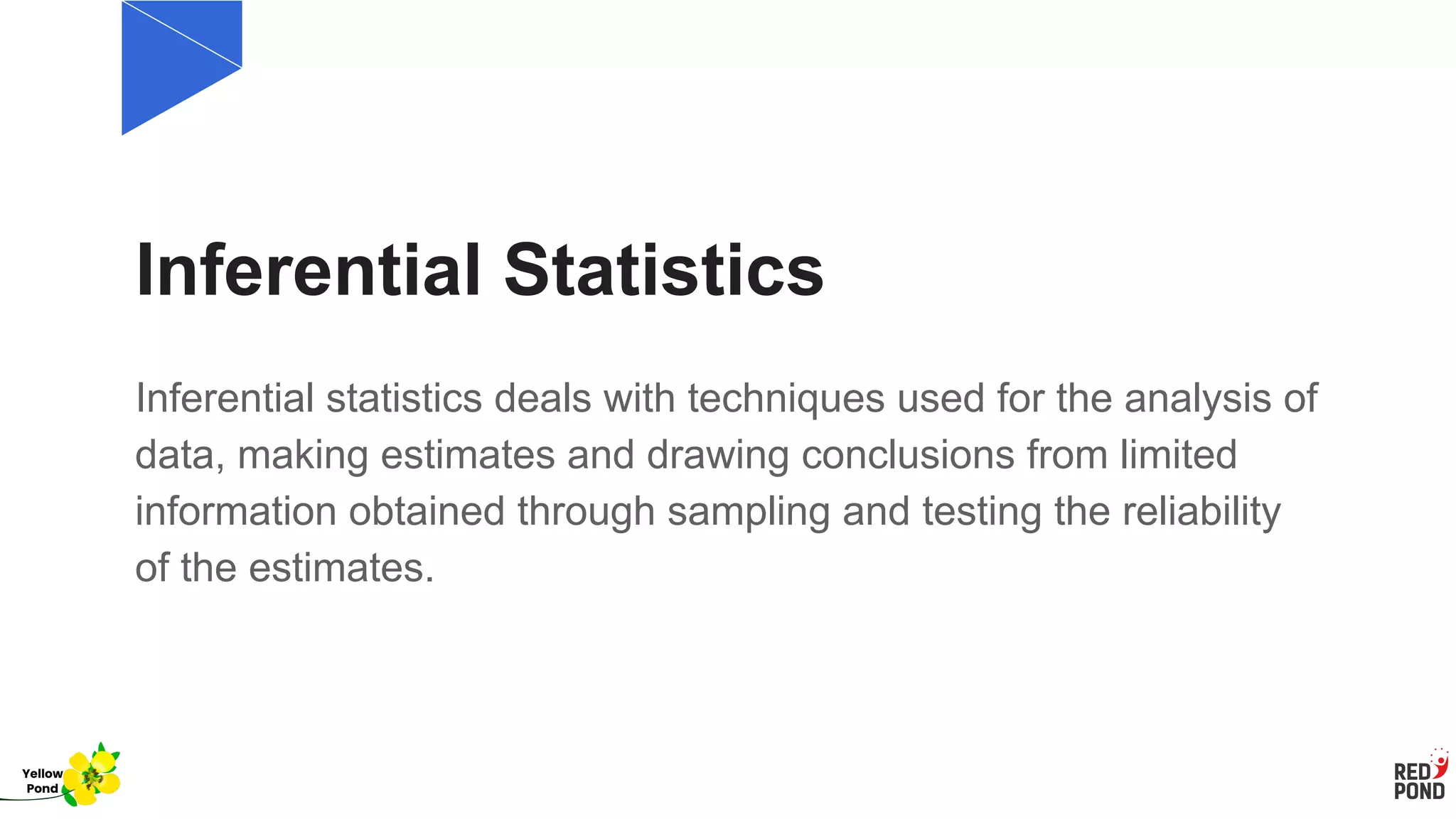 Inferential Statistics
Inferential statistics deals with techniques used for the analysis of
data, making estimates and drawing conclusions from limited
information obtained through sampling and testing the reliability
of the estimates.
Yellow
Pond
 