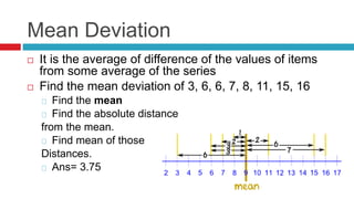 Mean Deviation
 It is the average of difference of the values of items
from some average of the series
 Find the mean deviation of 3, 6, 6, 7, 8, 11, 15, 16
Find the mean
Find the absolute distance
from the mean.
Find mean of those
Distances.
Ans= 3.75
 