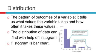 Distribution
 The pattern of outcomes of a variable; it tells
us what values the variable takes and how
often it takes these values.
 The distribution of data can be
find with help of histogram.
 Histogram is bar chart.
 