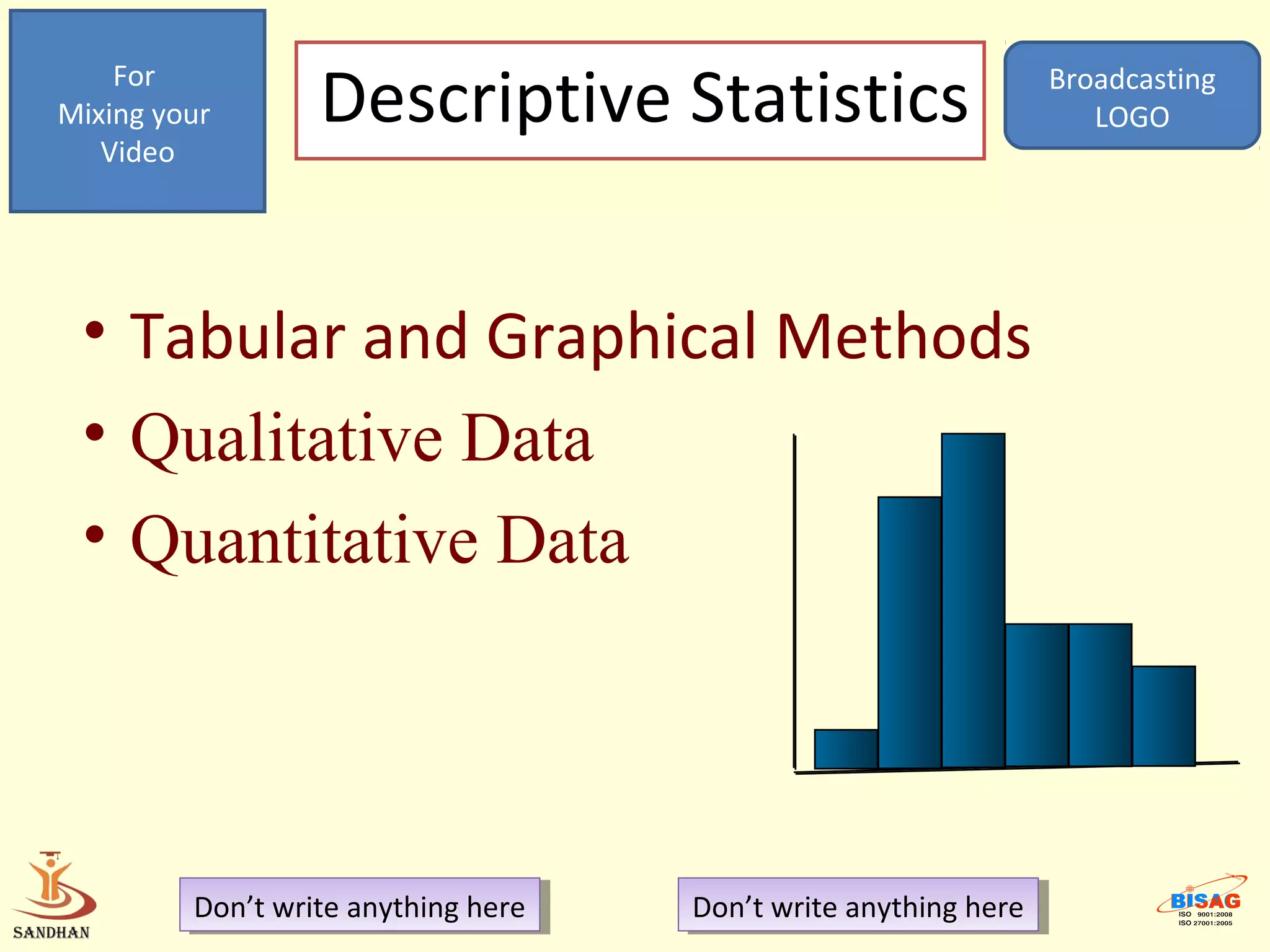 For
Mixing your       Descriptive Statistics                           Broadcasting
                                                                      LOGO
   Video




 • Tabular and Graphical Methods
 • Qualitative Data
 • Quantitative Data




         Don’t write anything here
          Don’t write anything here   Don’t write anything here
                                       Don’t write anything here
 