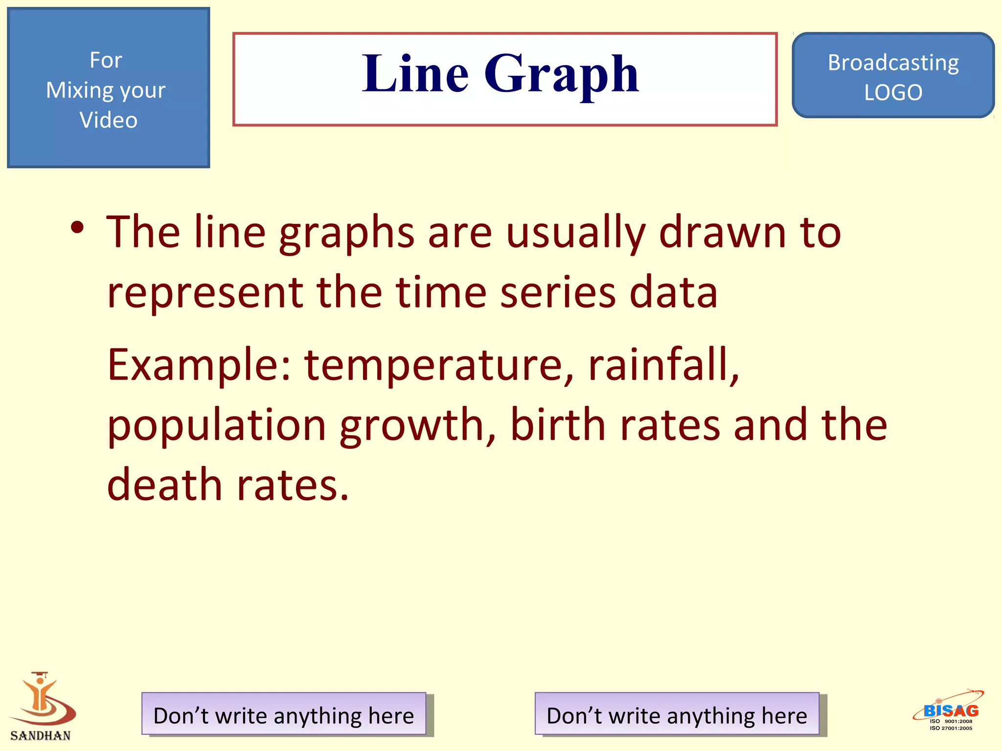 For
Mixing your                  Line Graph                            Broadcasting
                                                                      LOGO
   Video



  • The line graphs are usually drawn to
    represent the time series data
    Example: temperature, rainfall,
    population growth, birth rates and the
    death rates.



         Don’t write anything here
          Don’t write anything here   Don’t write anything here
                                       Don’t write anything here
 