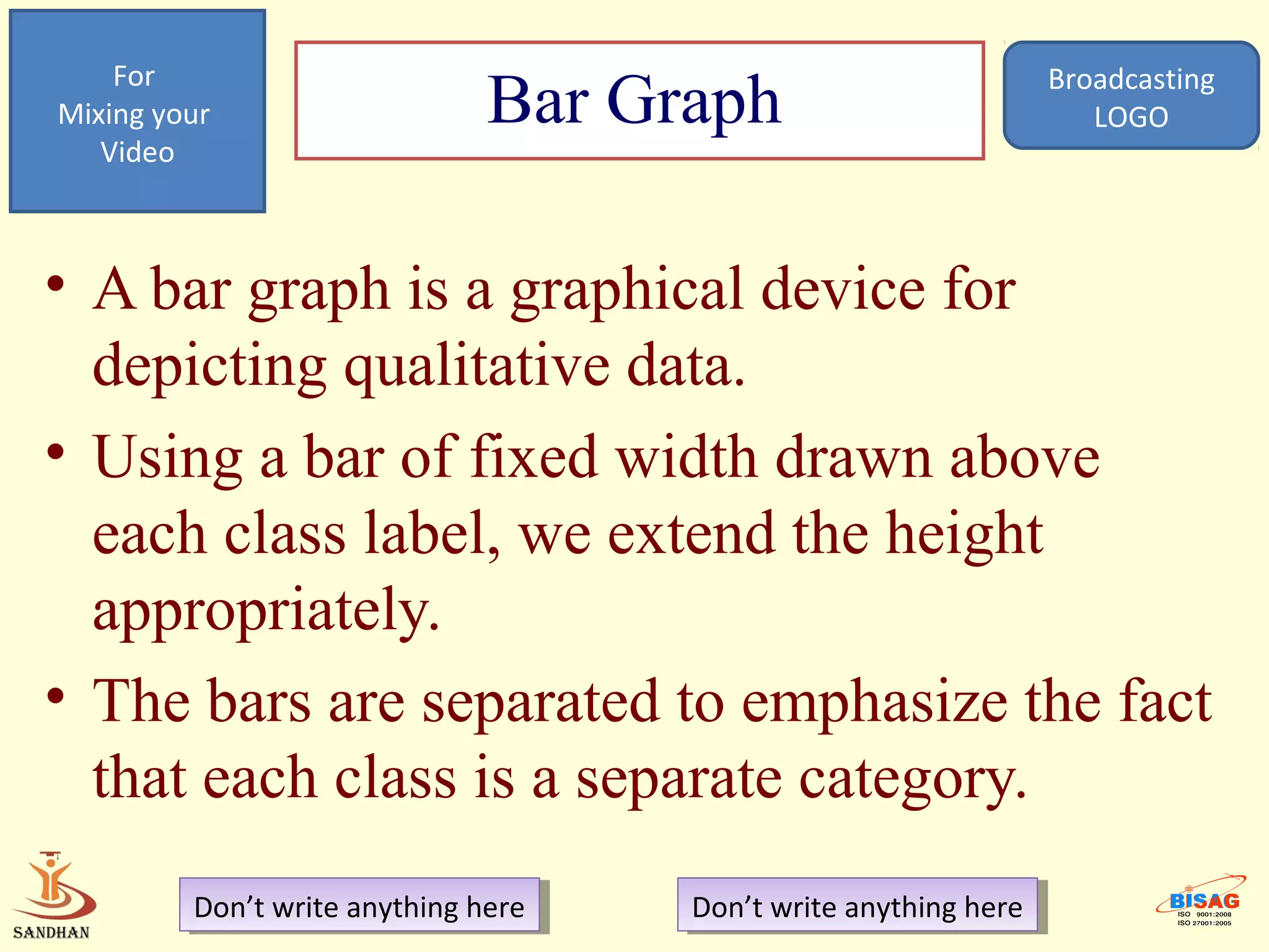 For                                                            Broadcasting
Mixing your                    Bar Graph                              LOGO
   Video



• A bar graph is a graphical device for
  depicting qualitative data.
• Using a bar of fixed width drawn above
  each class label, we extend the height
  appropriately.
• The bars are separated to emphasize the fact
  that each class is a separate category.
         Don’t write anything here
          Don’t write anything here   Don’t write anything here
                                       Don’t write anything here
 