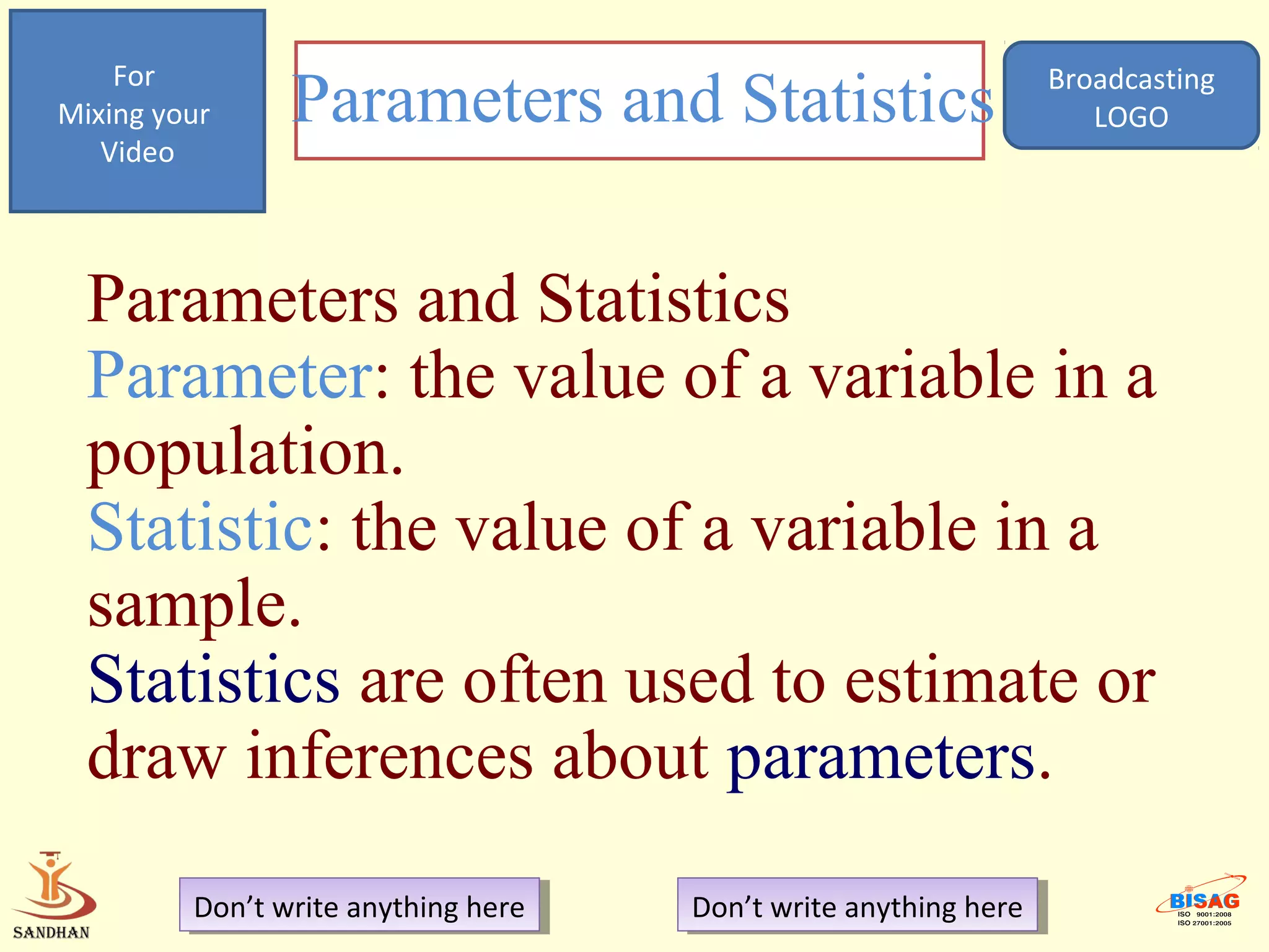 For
Mixing your     Parameters and Statistics                          Broadcasting
                                                                      LOGO
   Video




  Parameters and Statistics
  Parameter: the value of a variable in a
  population.
  Statistic: the value of a variable in a
  sample.
  Statistics are often used to estimate or
  draw inferences about parameters.
         Don’t write anything here
          Don’t write anything here   Don’t write anything here
                                       Don’t write anything here
 