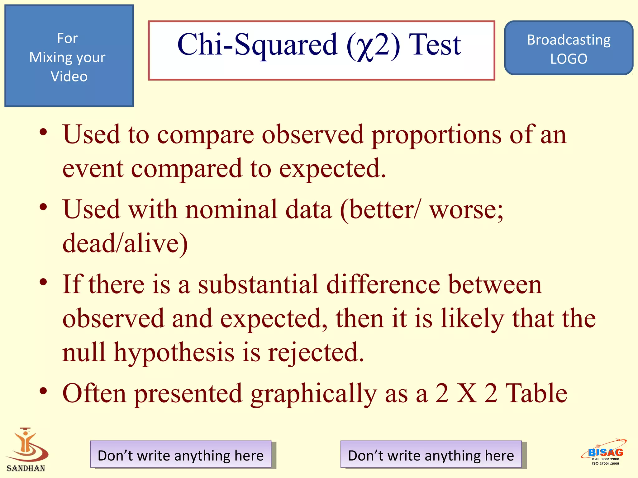 For
Mixing your          Chi-Squared (χ2) Test                         Broadcasting
                                                                      LOGO
   Video


 • Used to compare observed proportions of an
   event compared to expected.
 • Used with nominal data (better/ worse;
   dead/alive)
 • If there is a substantial difference between
   observed and expected, then it is likely that the
   null hypothesis is rejected.
 • Often presented graphically as a 2 X 2 Table

         Don’t write anything here
          Don’t write anything here   Don’t write anything here
                                       Don’t write anything here
 