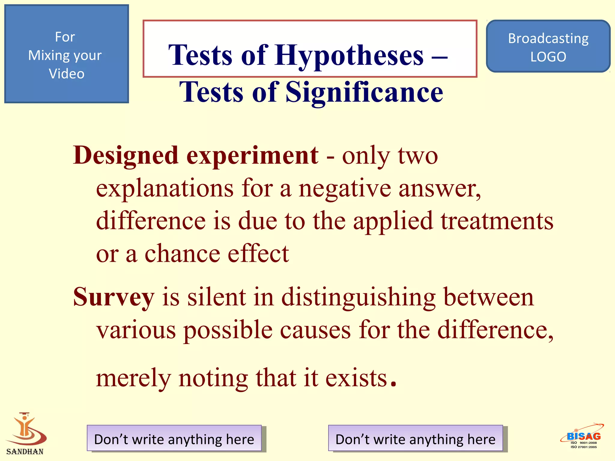 For                                                            Broadcasting
Mixing your
   Video
                    Tests of Hypotheses –                             LOGO

                     Tests of Significance

      Designed experiment - only two
       explanations for a negative answer,
       difference is due to the applied treatments
       or a chance effect
      Survey is silent in distinguishing between
        various possible causes for the difference,
          merely noting that it exists.

         Don’t write anything here
          Don’t write anything here   Don’t write anything here
                                       Don’t write anything here
 