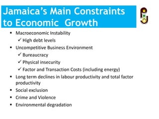  Macroeconomic Instability
 High debt levels
 Uncompetitive Business Environment
 Bureaucracy
 Physical insecurity
 Factor and Transaction Costs (including energy)
 Long term declines in labour productivity and total factor
productivity
 Social exclusion
 Crime and Violence
 Environmental degradation
Jamaica’s Main Constraints
to Economic Growth
 
