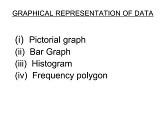 GRAPHICAL REPRESENTATION OF DATA
(i) Pictorial graph
(ii) Bar Graph
(iii) Histogram
(iv) Frequency polygon
 