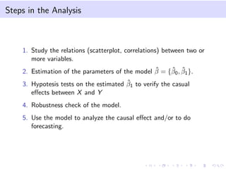 Steps in the Analysis

1. Study the relations (scatterplot, correlations) between two or
more variables.
ˆ
ˆ ˆ
2. Estimation of the parameters of the model β = {β0 , β1 }.
ˆ
3. Hypotesis tests on the estimated β1 to verify the casual
eﬀects between X and Y
4. Robustness check of the model.
5. Use the model to analyze the causal eﬀect and/or to do
forecasting.

 