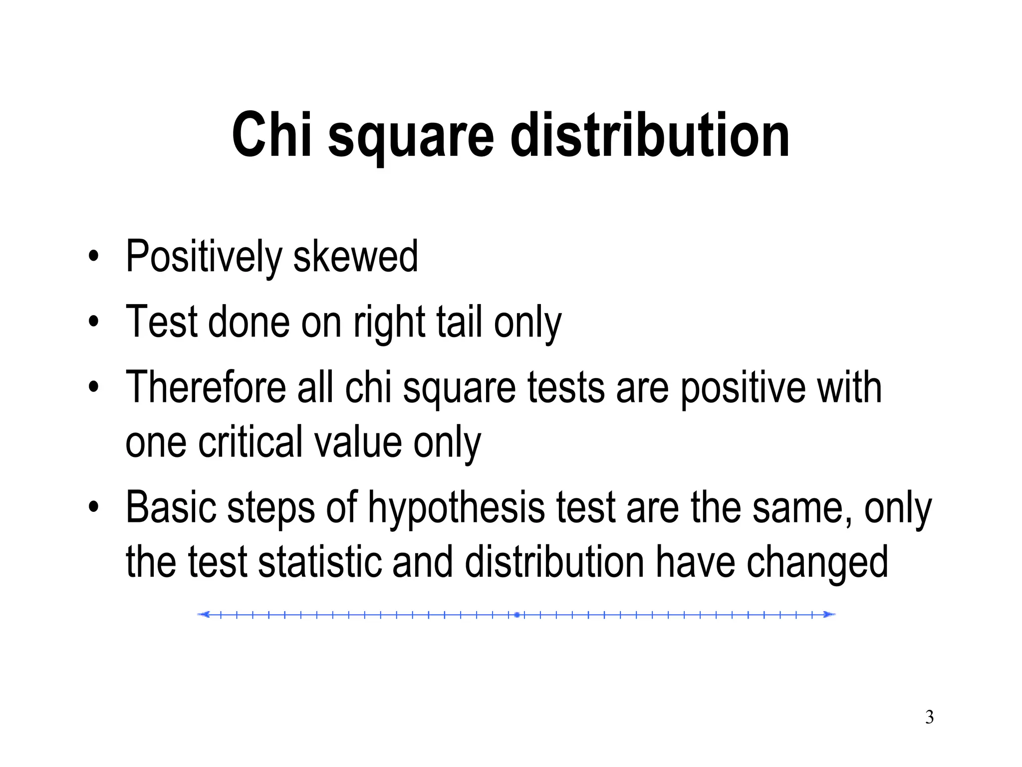 Chi square distribution
• Positively skewed
• Test done on right tail only
• Therefore all chi square tests are positive with
  one critical value only
• Basic steps of hypothesis test are the same, only
  the test statistic and distribution have changed


                                                  3
 