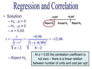 • Solution                          -2,447           +2,447
  – H0 : ρ = 0               Reject H0   Accept H0      Reject H0
  – H1 : ρ ≠ 0
  – α = 0,05
       r            0,98
 t                               12, 06
      1 r2       1  (0,98) 2
  –   n2              82
                     At α = 0,05 the correlation coefficient is
  – Reject H0           not zero – there is a linear relation
                    between number of units and cost per unit 38
 