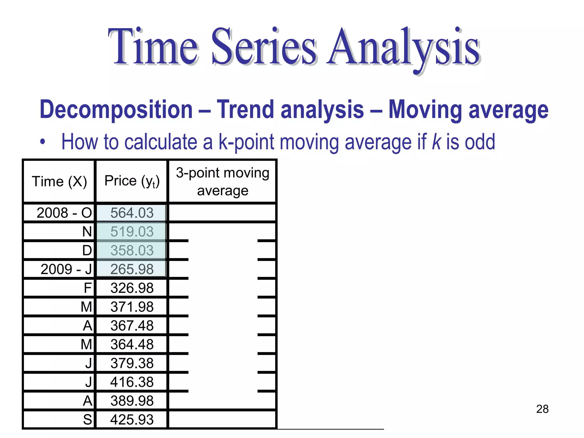 Decomposition – Trend analysis – Moving average
 • How to calculate a k-point moving average if k is odd
                        3-point moving 5-point moving
Time (X)   Price (yt)
                           average        average
2008 - O    564.03
                                                        564.03  519.03  358.03
       N    519.03         480.37                                  3
       D    358.03         381.02          406.81        480.37
2009 - J    265.98         317.00          368.40
       F    326.98         321.65          338.09
                                                        519.03  358.03  265.98
       M    371.98         355.48          339.38                  3
       A    367.48         367.98          362.06        381.02
       M    364.48         370.45          379.94
       J    379.38         386.75          383.54
       J    416.38         395.25          395.23
       A    389.98         410.76
                                                                           28
       S    425.93
 