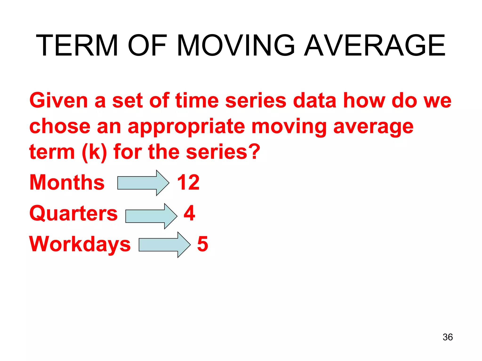 TERM OF MOVING AVERAGE
Given a set of time series data how do we
chose an appropriate moving average
term (k) for the series?
Months          12
Quarters         4
Workdays           5



                                        36
 