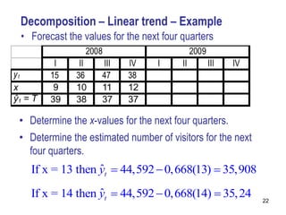 Decomposition – Linear trend – Example
• Forecast the values for the next four quarters




• Determine the x-values for the next four quarters.
• Determine the estimated number of visitors for the next
  four quarters.
  If x = 13 then yt  44,592  0,668(13)  35,908
                 ˆ

  If x = 14 then yt  44,592  0,668(14)  35, 24
                 ˆ
                                                            22
 