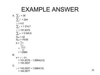 EXAMPLE ANSWER
     A.    x = 36
           x = 204
                2


          x = 4,5

           y = 1 214,7

          y = 151,8375

           xy = 5 545,8

          SXX = 42

          SXY = 79,65
            S
          b = XY
              SXX
              79,65
            =
                42
          = 1,8964
     B.
      a = y – b x
            = 151,8375 – 1,8964(4,5)
            = 143,3037
     
     C.    
          ˆ
          y = 143,3037 + 1,8964(10)
                                       26
            = 162,2677
 