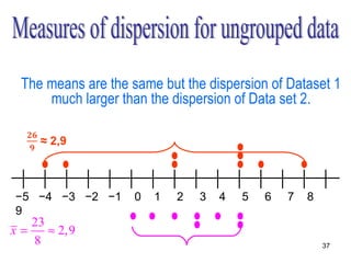Example - Given the following data sets:
1The means-3 the same but the dispersion of Dataset 8
 st
    : -4    are 2       2     5     5     5      6   1
      much larger than the dispersion of Data set 2.
2nd : 0    1     2      3     3     4     5      5




−5 −4 −3 −2 −1     0   1   2   3   4   5   6   7   8
9
   23
x=    ≈ 2,9
   8                                                   37
 