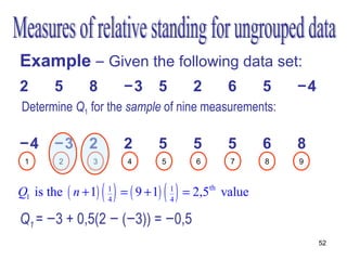 Example – Given the following data set:
2       5      8          −3       5             2     6       5   −4
Determine Q1 for the sample of nine measurements:
   •Order the measurements
−4      −3     2          2        5             5     5       6   8
 1       2      3          4           5         6      7      8   9



Q1 is the ( n + 1)   ()
                     1
                     4
                          = ( 9 + 1)   ()  1
                                           4
                                               = 2,5th value

Q1 = −3 + 0,5(2 − (−3)) = −0,5
                                                                        52
 