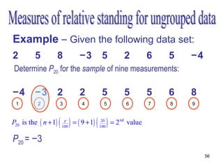 Example – Given the following data set:
2        5            8      −3      5              2       6   5   −4
Determine P20 for the sample of nine measurements:

−4       −3           2      2       5              5       5   6   8
 1        2           3       4       5             6       7   8   9


P20 is the ( n + 1)   ( ) = ( 9 + 1) ( ) = 2
                        p
                       100
                                     20
                                    100
                                               nd
                                                    value

P20 = −3
                                                                         56
 
