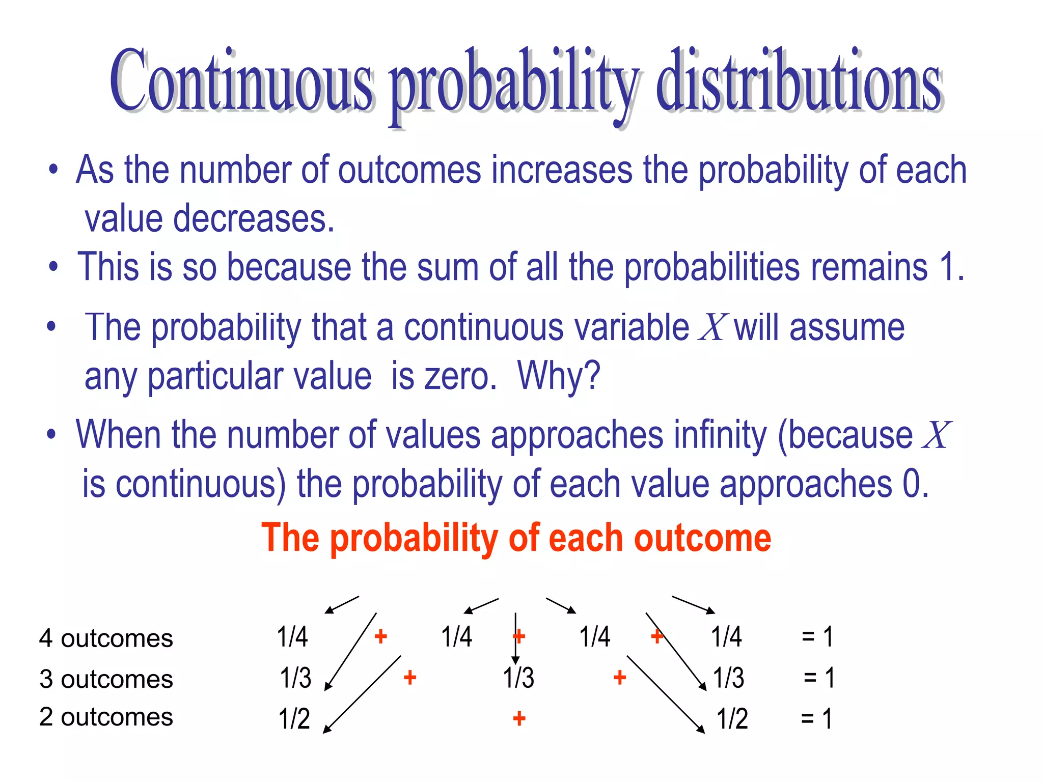 •• Ascontinuous random variable has probability of each
   A the number of outcomes increases the an uncountable
    value decreases.
   infinite number of values in the interval (a,b)
 • This is so because the sum of all the probabilities remains 1.
 • The probability that a continuous variable X will assume
    any particular value is zero. Why?
 • When the number of values approaches infinity (because X
   is continuous) the probability of each value approaches 0.
                The probability of each outcome

4 outcomes      1/4    +       1/4    +    1/4       +   1/4   =1
3 outcomes      1/3        +         1/3         +       1/3   =1
2 outcomes      1/2                   +                  1/2   =1
 