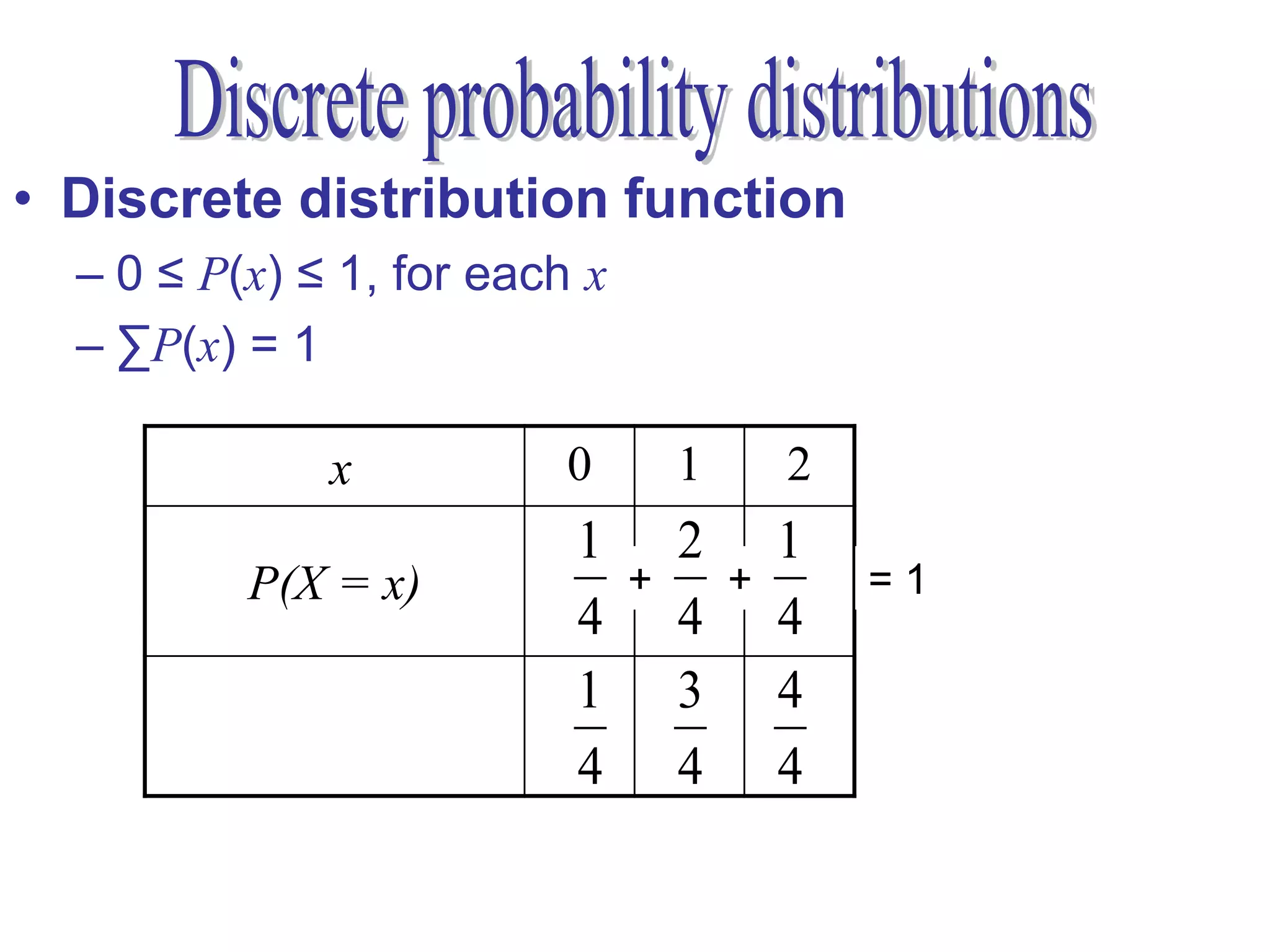 • Discrete distribution function
  – 0 ≤ P(x) ≤ 1, for each x
  – ∑P(x) = 1

              x           0        1       2
                          1        2       1
          P(X = x)             +       +       =1
                          4        4       4
                          1        3       4
          P(X ≤ x)
                          4        4       4
 