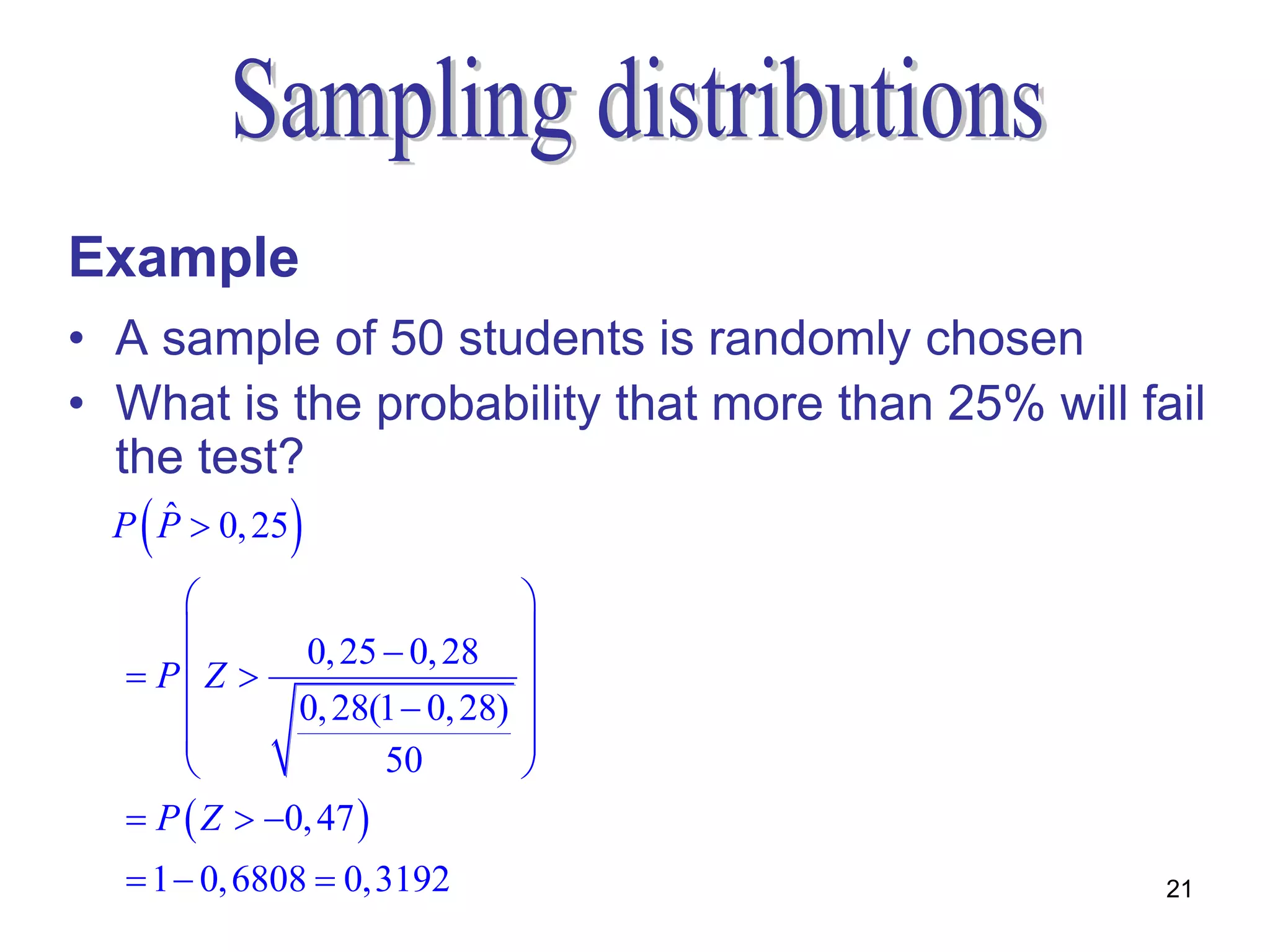 Example
• A sample of 50 students is randomly chosen
• What is the probability that more than 25% will fail
  the test?
   ˆ
  P P  0, 25   
                                
             0, 25  0, 28      
   PZ                         
             0, 28(1  0, 28)   
                                
                    50          
   P  Z  0, 47 
   1  0, 6808  0,3192                            21
 