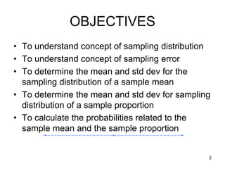 OBJECTIVES
• To understand concept of sampling distribution
• To understand concept of sampling error
• To determine the mean and std dev for the
  sampling distribution of a sample mean
• To determine the mean and std dev for sampling
  distribution of a sample proportion
• To calculate the probabilities related to the
  sample mean and the sample proportion


                                               2
 