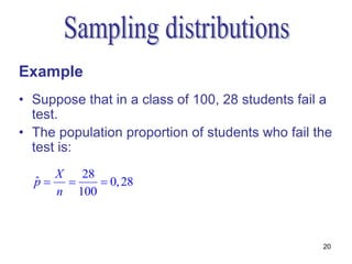 Example
• Suppose that in a class of 100, 28 students fail a
  test.
• The population proportion of students who fail the
  test is:
    X  28
  p 
  ˆ        0, 28
    n 100



                                                  20
 