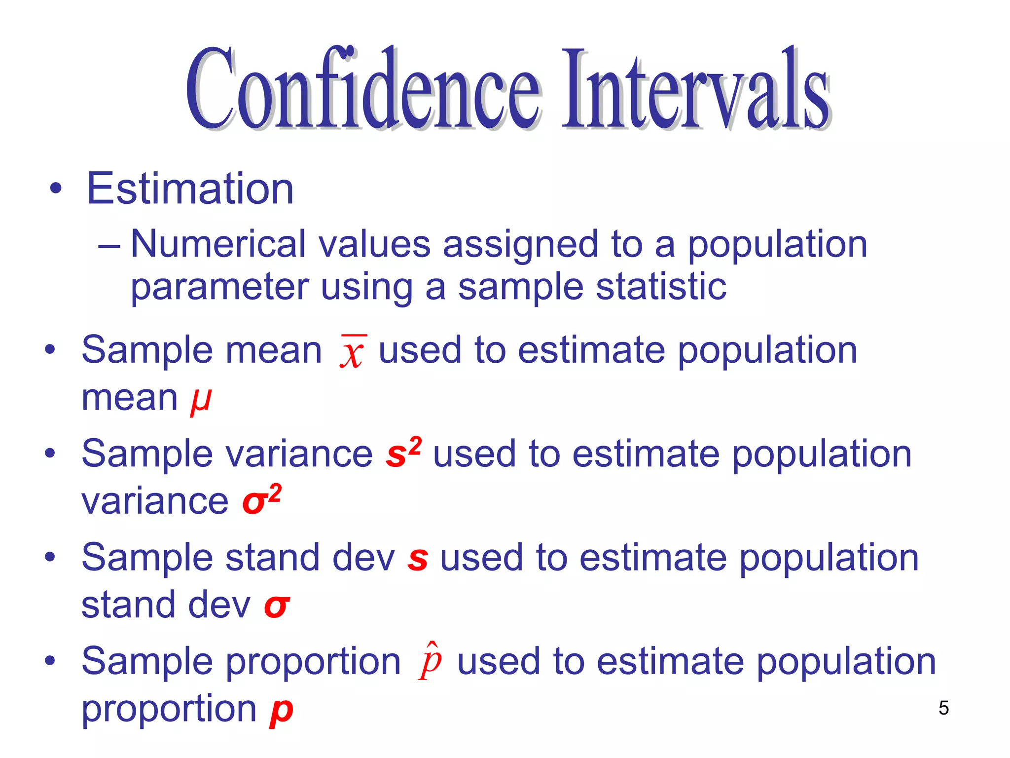 • Estimation
   – Numerical values assigned to a population
     parameter using a sample statistic
• Sample mean x used to estimate population
  mean μ
• Sample variance s2 used to estimate population
  variance σ2
• Sample stand dev s used to estimate population
  stand dev σ
                    ˆ
• Sample proportion p used to estimate population
  proportion p                                    5
 