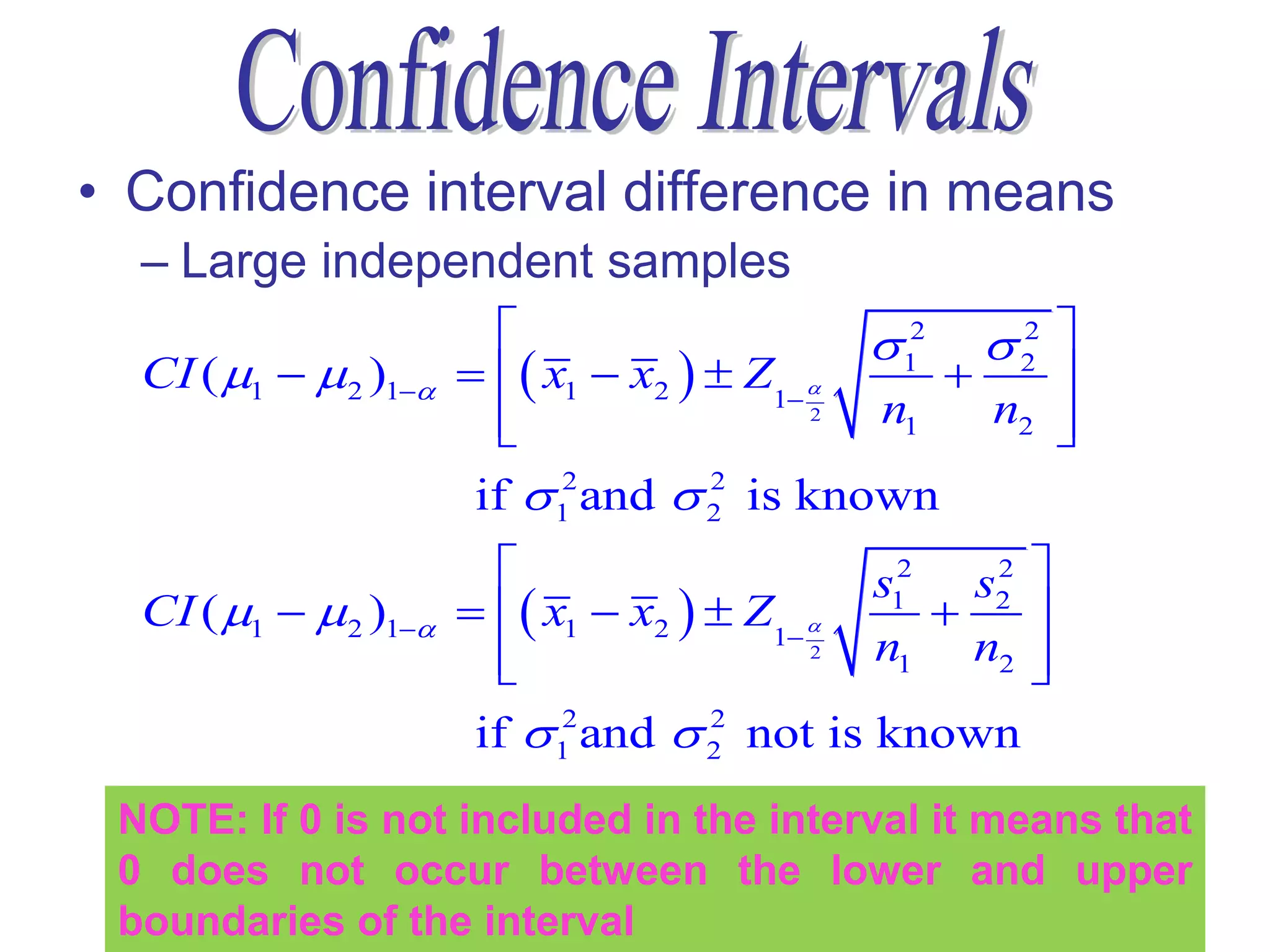 • Confidence interval difference in means
  – Large independent samples
                                              12  2
                                                     2    
  CI ( 1   2 )1     x1  x2   Z1             
                         
                         
                                            2 n1    n2    
                                                          
                        if  12 and  2 is known
                                      2


                                              s12 s2 
                                                    2
  CI ( 1   2 )1     x1  x2   Z1         
                         
                         
                                            2  n1 n2 
                        if  12 and  2 not is known
                                      2



 NOTE: If 0 is not included in the interval it means that
 0 does not occur between the lower and upper          52
 boundaries of the interval
 