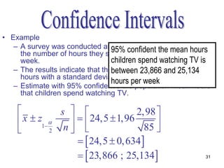 • Example
   – A survey was conducted amongst 85 childrenmean hours
                                  95% confident the to determine
     the number of hours they spend in front of the TV every
     week.                        children spend watching TV is
   – The results indicate that thebetween 23,866 and 25,134 24,5
                                   mean for the sample was
     hours with a standard deviation of 2,98 hours.
                                  hours per week
   – Estimate with 95% confidence the population mean hours
     that children spend watching TV.

               s                 2,98 
     x  z1       24,5  1,96      
             2  n                  85 
                      24,5  0, 634
                      23,866 ; 25,134                     31
 