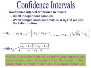 • Confidence interval difference in means
   – Small independent samples
   – When sample sizes are small, n1 & n2< 30 we use
     the t distribution




NOTE: If both the limits of the confidence interval are
negative you should suspect that the mean of first
population is smaller than mean of second population56
 